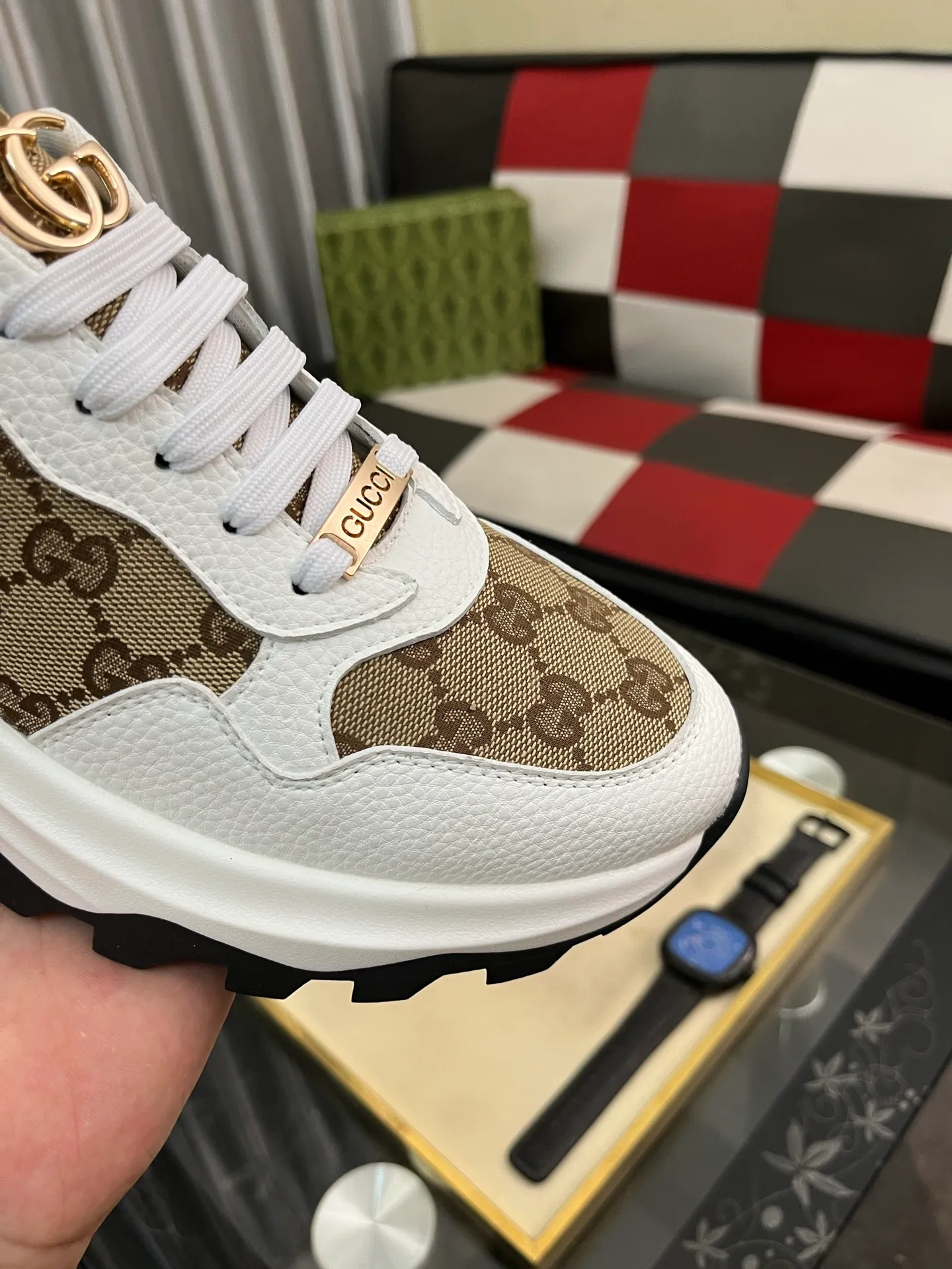 Men's shoes 💰458⌚️⌚️ Gucci •Gucci original quality. ~ Unique modern style sneakers. 🏃A must-have casual shoe for trendy men😍😍 Original brand imported from Italy, imported original leather, sheep lining (refuses to discolor and grind feet) Sole: Original sole provided by the original factory, French lazy style design ⚠️Fit to the feet, original quality attached, super comfortable original sole, code number: 38-444️⃣Colors available